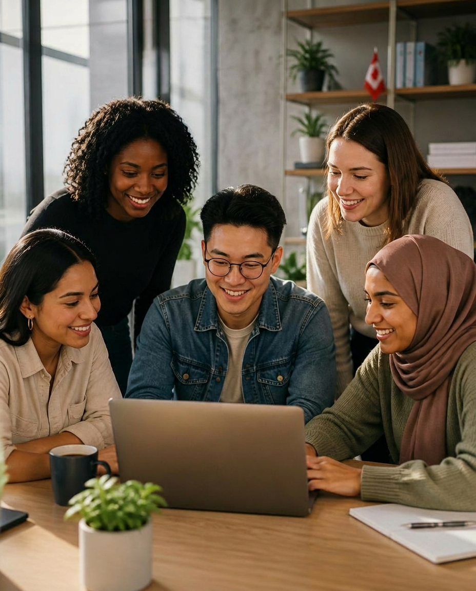 Five employees gathered around a laptop in a bright meeting room.