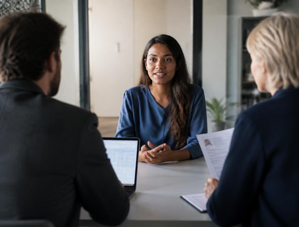 A job candidate being interviewed by two hiring managers in an office